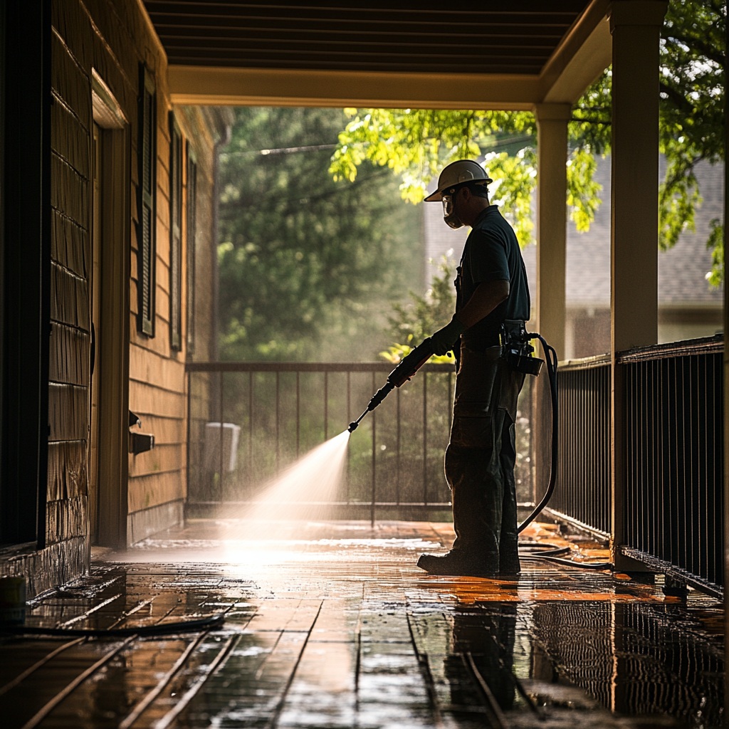 A professional cleaner during a pressure washing job on a wooden veranda at a house in a Kansas City suburb