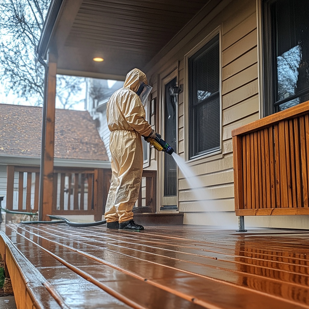 A professional cleaner in protective gear during a pressure washing job on a wooden veranda at a house in a Kansas City suburb.